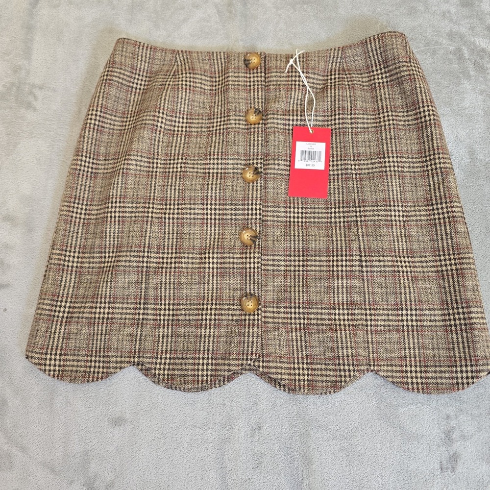Southern Proper Skirt Womens 12 Brown Plaid Button Down Scallop Hem Preppy